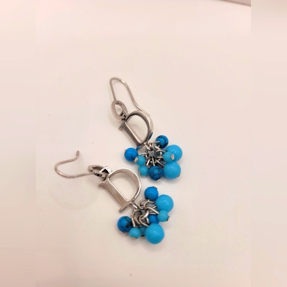 Christian Dior D Silver Turquoise Blue Dangle Earrings